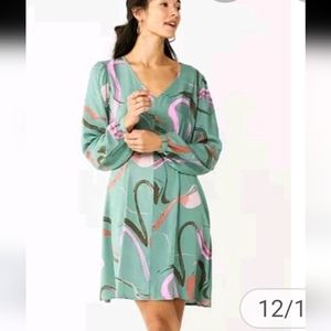 Nine West Green Print Dress Size Medium Long Sleeve